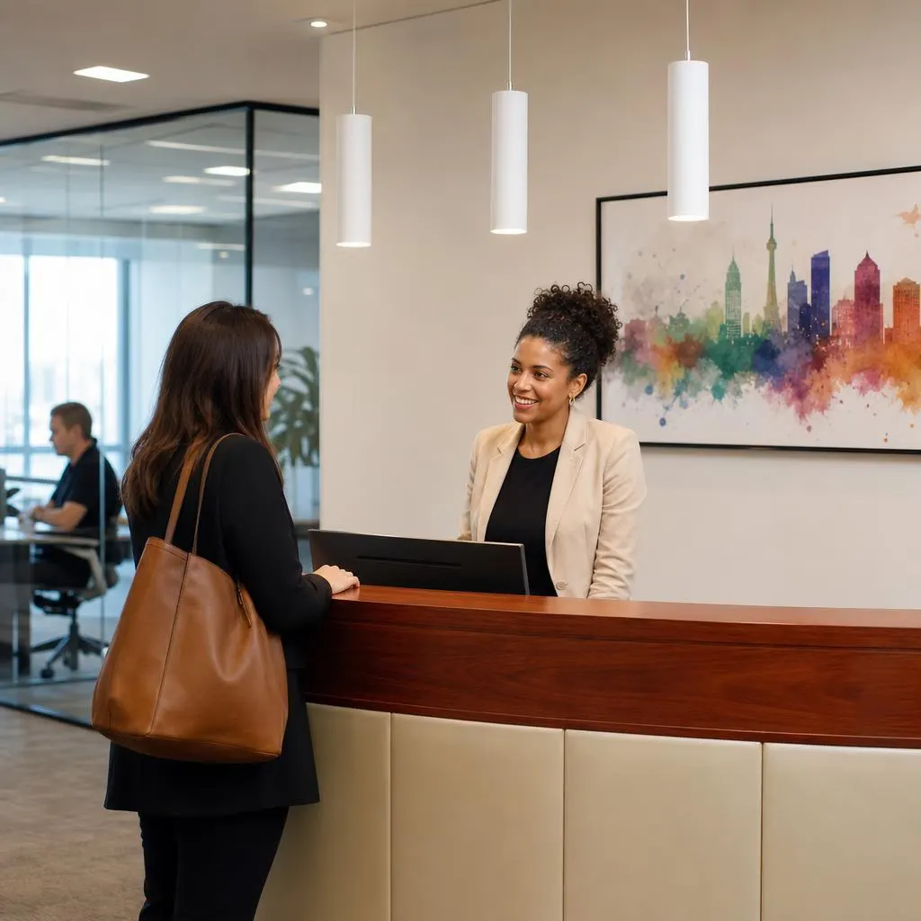 A receptionist welcoming a visitor at the City Centre
