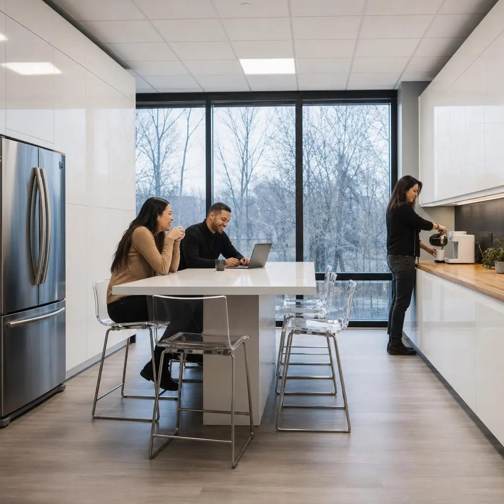 Colleagues on a coffee break in the kitchen at the Queensway Centre